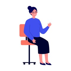 Woman sitting on an office chair, brainstorming, discussing ideas for project. People meeting at desk in office, workspace concept
