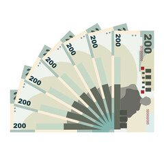 New Taiwan Dollar Vector Illustration. Taiwanese money set bundle banknotes. Paper money 200 TWD. Flat style. Isolated on white background. Simple minimal design.