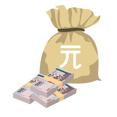 New Taiwan Dollar Vector Illustration. Taiwanese money set bundle banknotes. Money bag 500 TWD. Flat style. Isolated on white background. Simple minimal design.