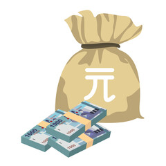 New Taiwan Dollar Vector Illustration. Taiwanese money set bundle banknotes. Money bag 1000 TWD. Flat style. Isolated on white background. Simple minimal design.
