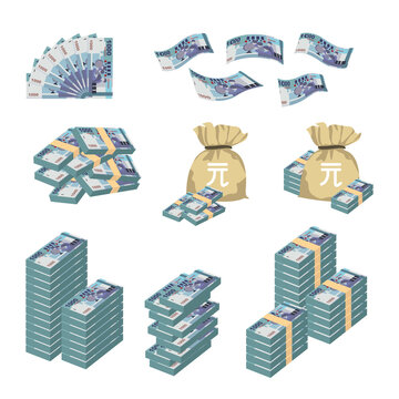 New Taiwan Dollar Vector Illustration. Huge packs of Taiwanese money set bundle banknotes. Bundle with cash bills. Deposit, wealth, accumulation and inheritance. Falling money 1000 TWD.