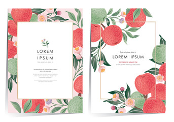 Vector illustration of a frame set with apple fruits and flowers. 	