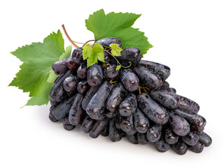 Purple Witch Finger grapes isolated on background, Moon Drops grape or Witch Fingers with leaves...