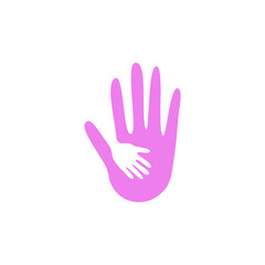 Hand holding hand of child, hope logo and symbol company. Kids care logo unity vector icon illustration design.