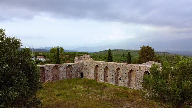 Aerial view of Androusa castle ruins and surrounding area at Autumn
