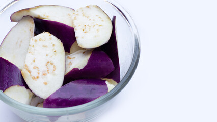 Fresh eggplant on white background. copy space