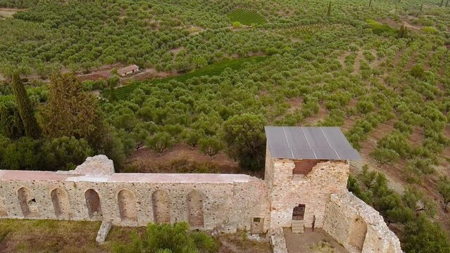 Aerial view of Androusa castle ruins and surrounding area at Autumn
