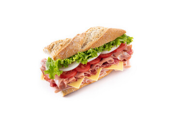 Submarine sandwich with ham, cheese, lettuce, tomatoes,onion, mortadella and sausage isolated on white background