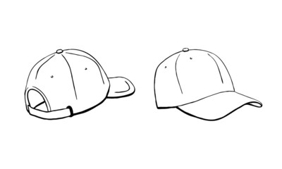 Hand Drawn Cap illustration from front and back view, ink sketch vector drawing, Black and White Doodle style vector illustration