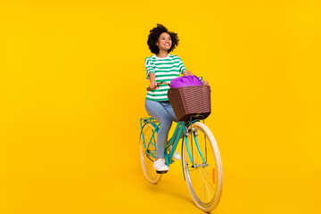 Full size photo of funky young lady ride bicycle look up wear t-shirt jeans shoes bag isolated on...