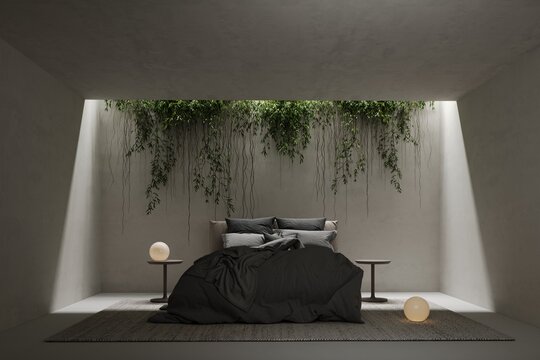 3d render abstract bedroom room or hotel with grass on the floor, anging plants from the ceiling, eco space of the future. illustration mockup.	