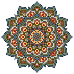 Abstract earth color tone mandala illustration with hearts. Hand drawn vintage indian pattern to use for decoration, poster, yoga, meditation design projects.