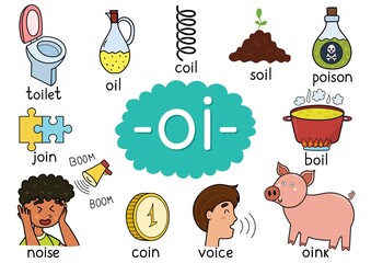 Oi digraph spelling rule educational poster for kids with words. Learning -oi- phonics  for school and preschool. Phonetic worksheet. Vector illustration