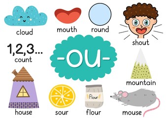 Ou digraph spelling rule educational poster for kids with words. Learning -ou- phonics  for school and preschool. Phonetic worksheet. Vector illustration - obrazy, fototapety, plakaty