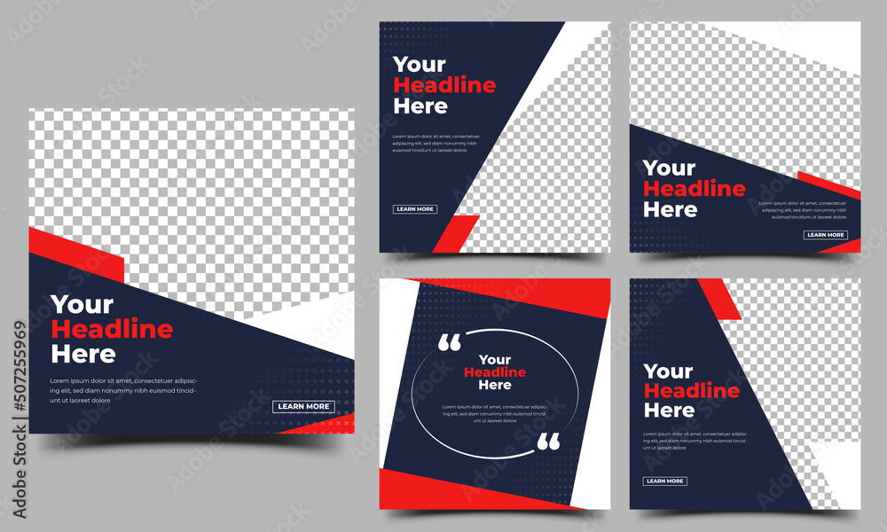 Wall mural set of square banner design template. dark blue background with red and white shape. usable for soci