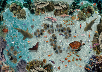 Underwater world. View from above. Corals. Fish. Turtle. Sharks