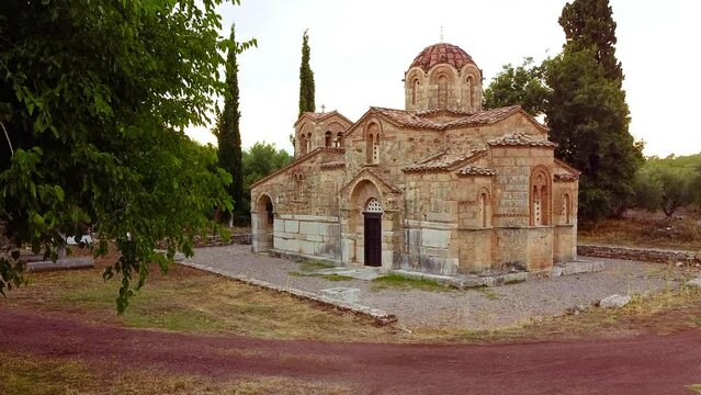 Aerial view of St. Samarina church in Messinia region at dusk