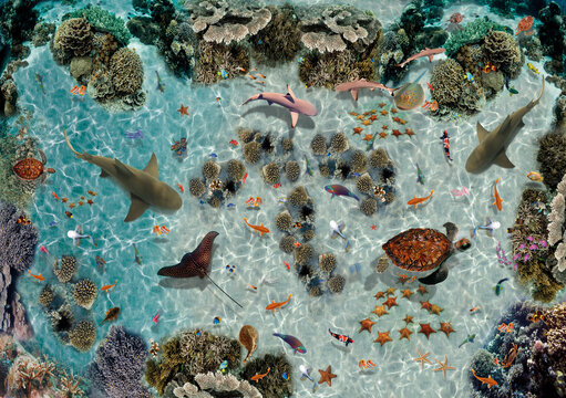 Underwater world. View from above. Corals. Fish. Turtle. Sharks