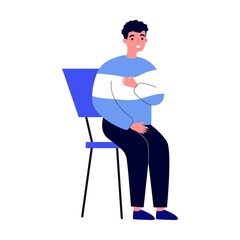 Boy sitting at therapist office in clinic. People visiting medical practitioner for examination in hospital, health concept