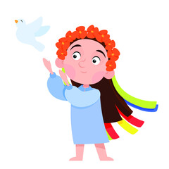 A girl in a wreath and Ukrainian clothes releases a dove