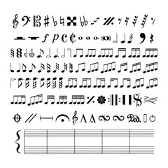 Vector iilustration of all music notes and symbols isolated on white background. 