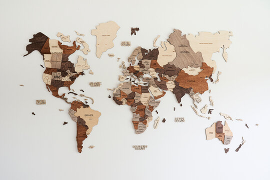 Naklejki world map made of wood crafts for planning a trip