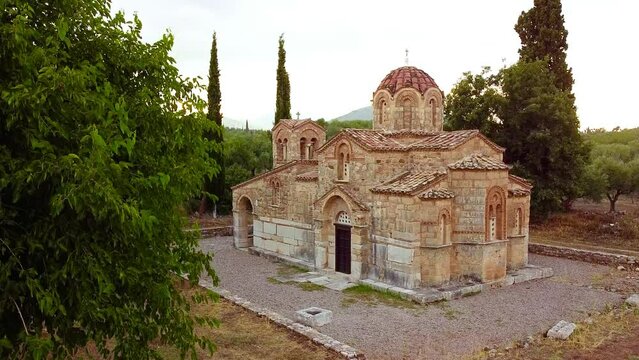 Aerial view of St. Samarina church in Messinia region at dusk