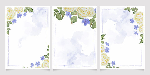watercolor white rose and plumbago flower bouquet wreath frame on indigo blue splash background