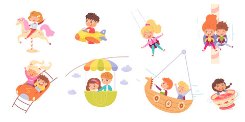 Kids riding in amusement park set. Happy children on carousel, ferris wheel, rollercoaster, ship, swing vector illustration. Boys and girls having fun in summer carnival or fair.