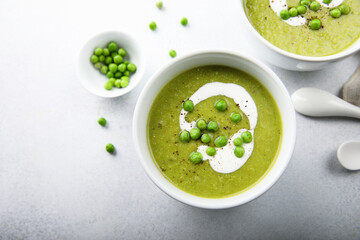 Homemade green pea soup with cream