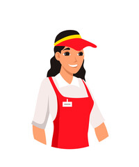 Happy saleswoman character, woman in red hat and apron standing and greeting buyers