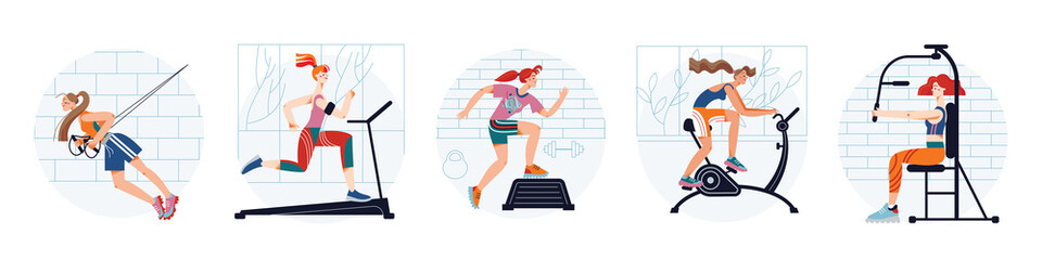 Fitness for girls in sport club set, weight and cardio workout of sporty active woman
