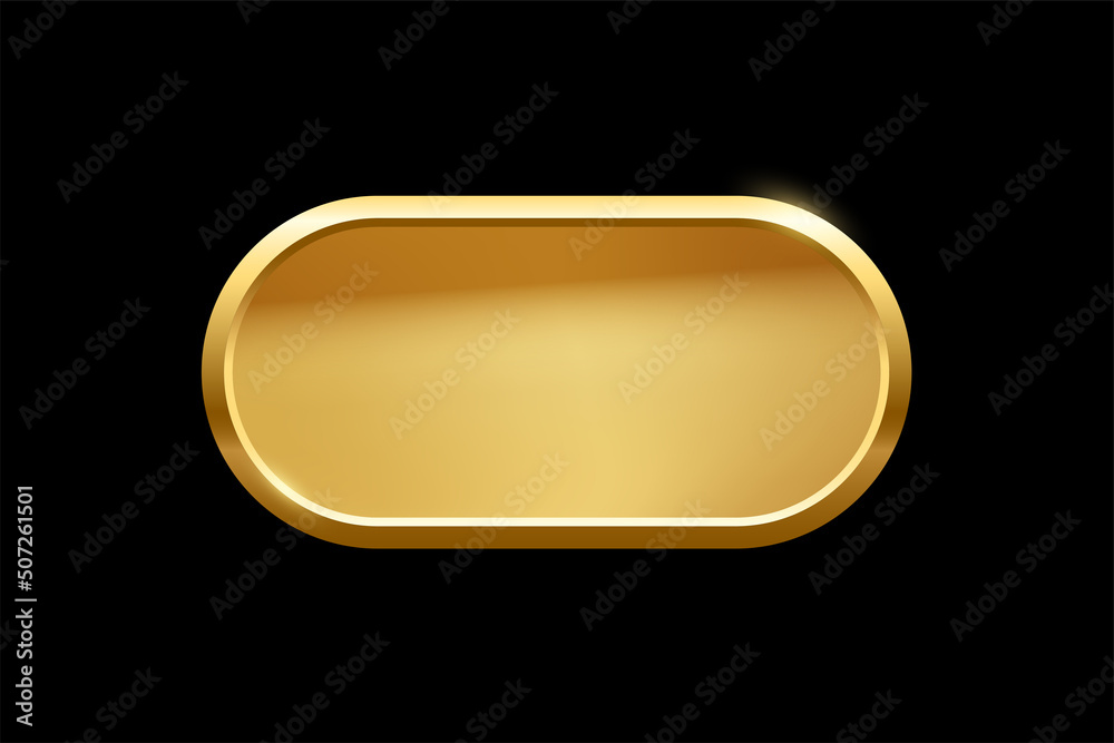 Poster gold ellipse shape button with frame vector illustration. 3d golden glossy elegant design for empty 