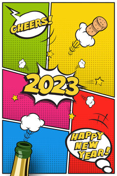 2023 New Year vertical postcard or greeting card template. Vector festive retro design in comic book style with champagne bottle and flying cork.