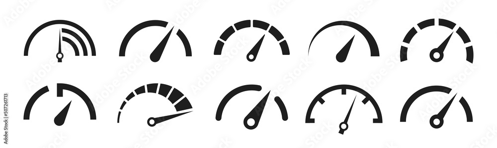 Wall mural dashboard speedometer icons set. tachometer icon isolated. performance indicator sign. car speed. fa