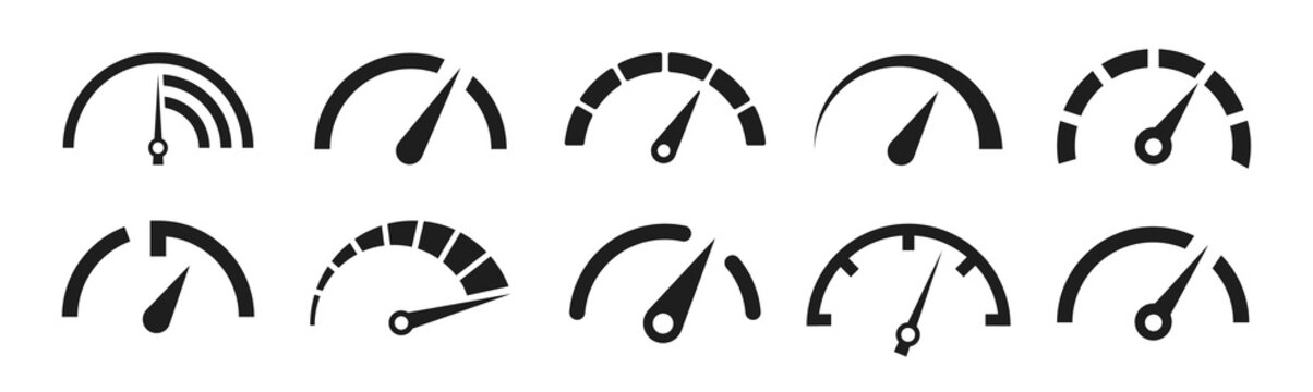 Dashboard speedometer icons set. Tachometer icon isolated. Performance indicator sign. Car speed. Fast internet speed sign. Stock flat vector elements.