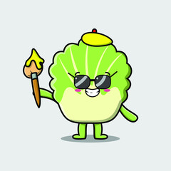 Cute cartoon character Chinese cabbage painter with hat and a brush to draw in cute design style design 