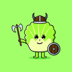 Cute cartoon character Chinese cabbage viking pirate with hat and holding ax and shield 