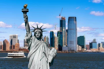 Keuken foto achterwand Vrijheidsbeeld The Statue of Liberty over the Scene of New york cityscape river side which location is lower manhattan,Architecture and building with tourist concept
