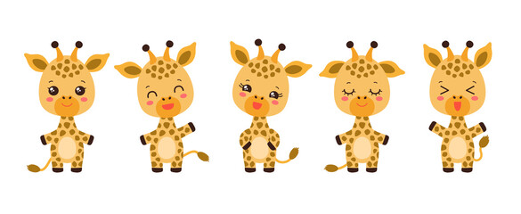 Cute kawaii giraffe emoji icons. Adorable safari animal cartoon character mascot. Face expressions - cheerful, happy, calm, waving hand. Funny little giraffe vector illustration.
