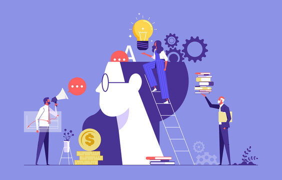 Woman and man characters putting light bulb, books and gear into human head to improve work skills. Concept of up skill, learning new skills to improve job. Flat cartoon vector illustration