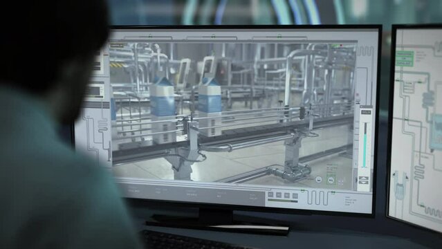 Modern software is supervising the production process at an industrial facility. Modern software is observing production of food at a facility. Software managing the production of food at a facility.