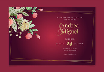Set of card with flower rose, leaves. Wedding red, blue, and gold concept. Floral poster, invite. Vector decorative greeting card or invitation design background