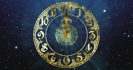 Classic gold dial .The arrows describe a full circle . It symbolizes the infinity of time. Against the background of space and stars. 3D render