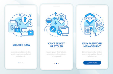 Advantages of digital identity blue onboarding mobile app screen. Walkthrough 4 steps editable graphic instructions with linear concepts. UI, UX, GUI template. Myriad Pro-Bold, Regular fonts used