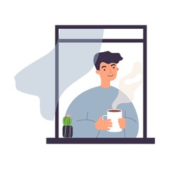 Neighbor man life through open window. Housemates hugging, watering houseplants, drinking morning coffee