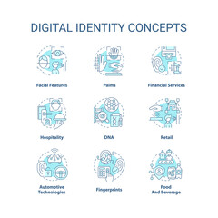 Digital identity turquoise concept icons set. Biometric technology idea thin line color illustrations. Personal info. Isolated symbols. Editable stroke. Roboto-Medium, Myriad Pro-Bold fonts used