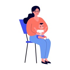 Young mother with a child sitting at therapist office in clinic. People visiting medical practitioner for examination in hospital, health concept