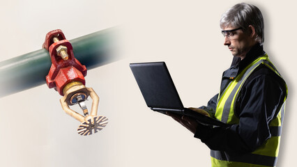 Fire safety sprayer. Male Engineer with laptop in his hand. Fire safety inspector in yellow vest....
