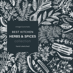 Hand-drawn herbs and spices vector design. Hand-sketched food square card. Vintage aromatic plants hand-drawing. Kitchen herbs and spice frame template on chalkboard for menu or banners